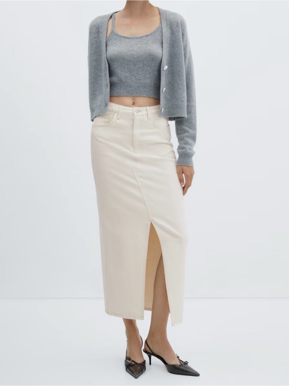 Mango High-Rise white denim Skirt with Front Slit